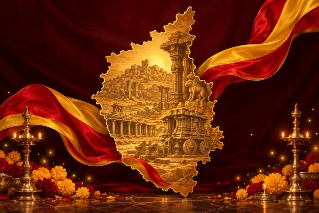 ಕರ್ನಾಟಕ ನಕ್ಷೆ, ಹಂಪಿಯ ಕಲ್ಲಿನ ರಥ, ಹೂವುಗಳು ಮತ್ತು ದೀಪಗಳ ಕಲಾಕೃತಿ